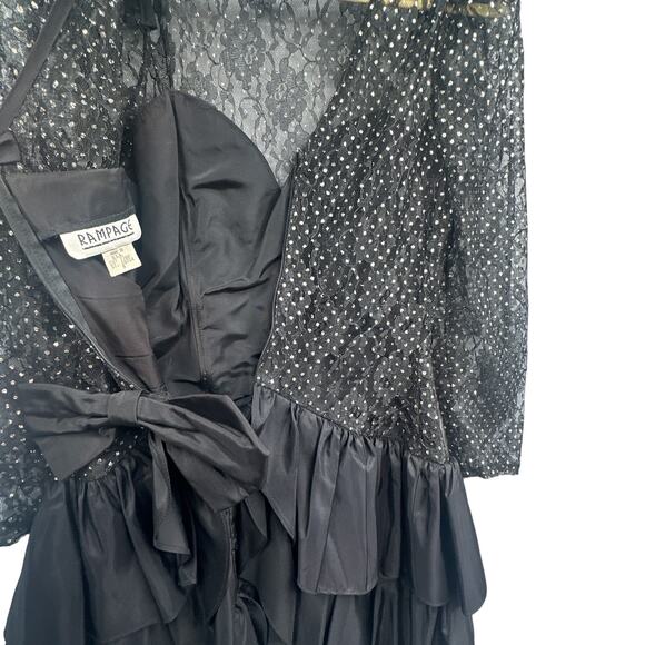 VTG 90s Black Mini Party Dress 9 Prom Puff Slv Tiered Witch Goth Grunge Punk Bow - Picture 8 of 16